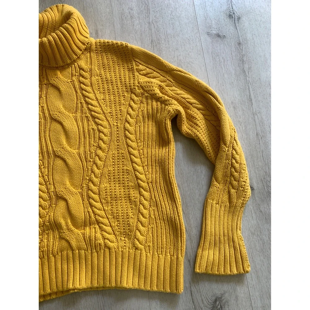 Lands' End Mustard Yellow Cable Knit‎ Turtleneck Sweater Womens XL 100% Cotton